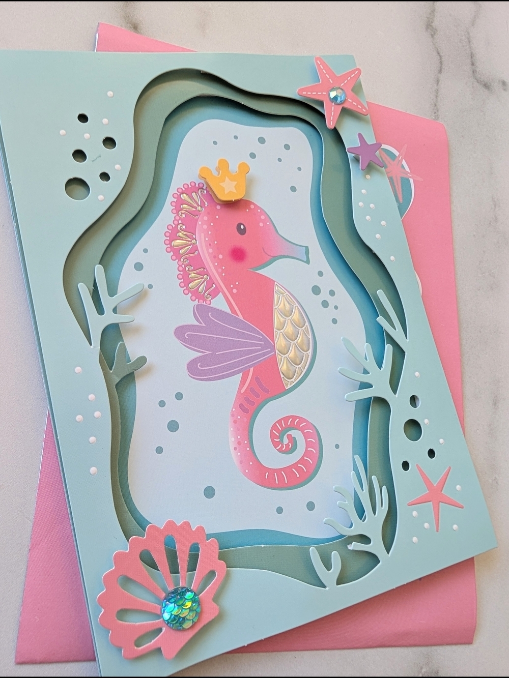 Pink Seahorse Pop-Up Card with Envelope - Picture 2 of 3